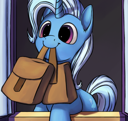 Size: 1142x1080 | Tagged: safe, artist:vistamage, trixie, pony, unicorn, to saddlebags and back again, to where and back again, bag, cute, diatrixes, female, mare, mouth hold, saddle bag, scene interpretation, solo