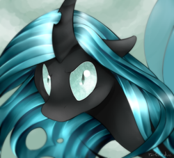 Size: 800x727 | Tagged: safe, artist:okaces, queen chrysalis, changeling, changeling queen, to where and back again, female, scene interpretation, solo