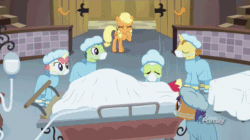 Size: 1280x716 | Tagged: safe, screencap, applejack, big macintosh, distant star, filthy rich, granny smith, nurse tenderheart, parasol, sea swirl, seafoam, spoiled rich, earth pony, pegasus, pony, unicorn, where the apple lies, animated, clothes, discovery family logo, doctor, face mask, female, freckles, gasp, gif, gurney, implied amputation, lolli love, loop, male, mare, nurse, nurse heartstick, ponyville hospital, saw, scrubs (gear), spoiled milk, spoilthy, stallion, surgeon, sweat, sweating profusely, teenage applejack, teenage big macintosh, teenager, tender care, you know for kids, younger