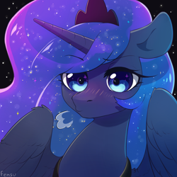 Size: 3000x3000 | Tagged: safe, artist:fensu-san, princess luna, alicorn, pony, blushing, bust, cute, eye reflection, lunabetes, night, portrait, solo, spread wings, sweet dreams fuel