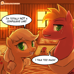 Size: 750x750 | Tagged: safe, artist:lumineko, applejack, big macintosh, chicken, earth pony, pony, where the apple lies, barn, dialogue, duo, female, male, mare, patreon, patreon logo, speech bubble, stallion, teenage applejack, teenage big macintosh, younger