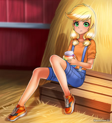 Size: 800x880 | Tagged: safe, artist:racoonsan, applejack, human, where the apple lies, apple, cute, female, food, humanized, jackabetes, jam, looking at you, solo, teenage applejack, teenager, younger, zap apple, zap apple jam