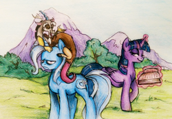 Size: 1136x788 | Tagged: safe, artist:buttersprinkle, discord, trixie, twilight sparkle, twilight sparkle (alicorn), alicorn, pony, to where and back again, book, grumpy, smirk, traditional art