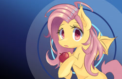Size: 1964x1271 | Tagged: safe, artist:kawaiipony2, fluttershy, bat pony, pony, apple, cute, flutterbat, fruit, hoof hold, looking at you, open mouth, race swap, red eyes, shyabates, shyabetes, solo