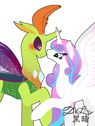 Size: 1024x1365 | Tagged: safe, artist:dark-x-light, princess flurry heart, thorax, changedling, changeling, to where and back again, bedroom eyes, blushing, changeling king, crack shipping, eye contact, flurrax, holding hooves, king thorax, male, older, raised hoof, shipping, simple background, smiling, spread wings, straight, transparent background, watermark