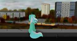 Size: 4100x2200 | Tagged: safe, artist:subway777, lyra heartstrings, pony, unicorn, autumn, city, facing away, roof, russia, solo, tatra t3, tram