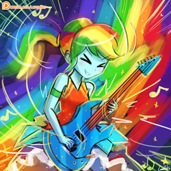 Size: 750x750 | Tagged: safe, artist:lumineko, rainbow dash, equestria girls, legend of everfree, alternate hairstyle, clothes, crystal gala, dress, electric guitar, eyes closed, female, guitar, guitar pick, music notes, patreon, patreon logo, playing, signature, solo, speedpaint