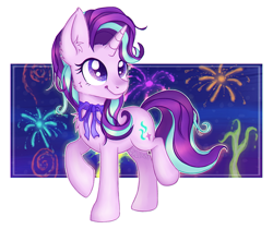 Size: 700x589 | Tagged: safe, artist:falldust, starlight glimmer, pony, unicorn, chest fluff, fireworks, raised hoof, raised leg, solo