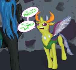 Size: 957x872 | Tagged: safe, artist:testostepone, queen chrysalis, thorax, changedling, changeling, changeling queen, to where and back again, facehoof, female, humor, it's a phase, it's not a phase, king thorax, male, open mouth