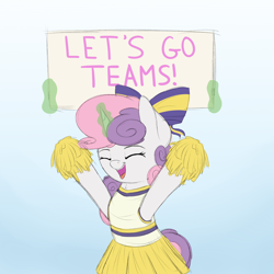 Size: 2000x2000 | Tagged: safe, artist:vanillaghosties, sweetie belle, cheerleader, cheerleader outfit, cute, diasweetes, eyes closed, glowing horn, pom pom, sign, solo, sweetie belle's magic brings a great big smile