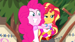 Size: 640x360 | Tagged: safe, screencap, pinkie pie, sunset shimmer, equestria girls, legend of everfree, animated, gif, hug