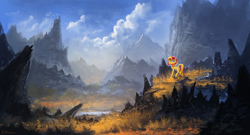 Size: 2100x1135 | Tagged: safe, artist:shamanguli, sunset shimmer, pony, beautiful, lake, mountain, scenery, scenery porn, solo, valley