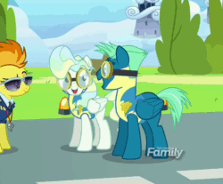 Size: 596x493 | Tagged: safe, screencap, sky stinger, spitfire, vapor trail, pegasus, pony, top bolt, amused, animated, best friends, bipedal, captain of the wonderbolts, cuddling, cute, discovery family logo, female, gif, glomp, goggles, male, mare, nose in the air, raised eyebrow, shipping fuel, smiling, smirk, snuggling, stallion, vaporbetes, wonderbolt trainee uniform, wonderbolts dress uniform