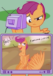 Size: 564x800 | Tagged: safe, artist:cosmonaut, derpibooru import, scootaloo, exploitable meme, meme, scootaloo can't fly, tv meme, wat