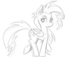 Size: 1164x901 | Tagged: dead source, safe, artist:reiduran, thunderstruck, pegasus, pony, top bolt, ear fluff, eyeshadow, female, grayscale, looking back, makeup, mare, monochrome, simple background, sketch, solo, white background