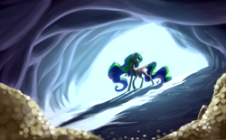 Size: 5000x3107 | Tagged: safe, artist:nadnerbd, princess celestia, alicorn, pony, absurd resolution, backlighting, cave, coin, gold, shadow, solo