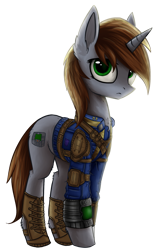 Size: 1063x1693 | Tagged: safe, artist:setharu, oc, oc only, oc:littlepip, pony, unicorn, fallout equestria, fanfic, fanfic art, female, hooves, horn, looking at you, mare, pipbuck, simple background, solo, transparent background, vault suit