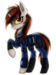 Size: 1423x1900 | Tagged: safe, artist:setharu, oc, oc only, oc:blackjack, pony, unicorn, fallout equestria, fallout equestria: project horizons, cheek fluff, chest fluff, ear fluff, fallout, female, horn, looking at you, mare, raised hoof, simple background, small horn, smiling, smirk, solo, transparent background, vault security armor, vault suit