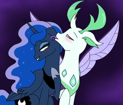 Size: 1260x1074 | Tagged: safe, artist:purfectprincessgirl, princess luna, thorax, alicorn, changedling, changeling, pony, to where and back again, alternate color palette, bedroom eyes, blushing, changeling king, crack shipping, ethereal mane, female, floppy ears, grin, grooming, king thorax, licking, male, mare, raised hoof, shipping, sitting, size difference, smiling, spread wings, starry mane, straight, thuna, tongue out, wingboner