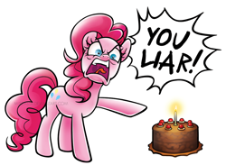 Size: 1000x733 | Tagged: safe, artist:miszasta, pinkie pie, earth pony, pony, angry, cake, crossover, food, looking at you, meme, pointing, portal (valve), simple background, solo, the cake is a lie