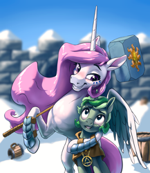 Size: 3914x4500 | Tagged: safe, artist:nadnerbd, clover the clever, princess celestia, alicorn, pony, unicorn, fanfic:time enough for love, absurd resolution, armor, barrel, bipedal, blushing, cloak, clothes, cloverlestia, drunk, eye contact, eye twitch, face paint, fanfic, fanfic art, female, grin, hammer, hoof hold, hug, jewelry, lidded eyes, looking at each other, looking up, male, mare, necklace, nervous, pink hair, pink tail, pink-mane celestia, purple eyes, raised hoof, shipping, size difference, sledgehammer, smiling, smirk, snow, stallion, straight, tankard, war hammer, weapon, wide eyes, winter, worried, younger