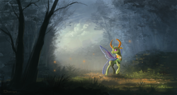 Size: 2100x1135 | Tagged: dead source, safe, artist:shamanguli, thorax, changedling, changeling, to where and back again, changeling king, forest, grass, king thorax, looking back, male, raised hoof, scenery, solo, tree