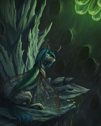 Size: 2400x3000 | Tagged: safe, artist:bra1neater, queen chrysalis, changeling, changeling queen, to where and back again, changeling hive, cocoon, glowing eyes, implied royalty, looking at you, sitting, solo focus