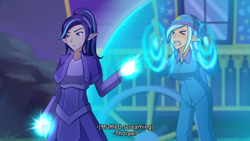 Size: 1280x720 | Tagged: safe, artist:jonfawkes, starlight glimmer, trixie, human, to where and back again, clothes, duo, elf ears, female, force field, humanized, implied thorax, magic, offscreen character, pajamas, scene interpretation, screaming