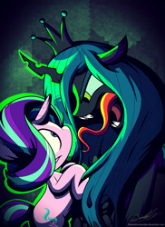 Size: 1600x2200 | Tagged: safe, artist:therandomjoyrider, queen chrysalis, starlight glimmer, changeling, changeling queen, pony, unicorn, to where and back again, open mouth, scene interpretation, signature, tongue out