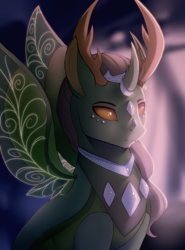 Size: 2000x2700 | Tagged: safe, alternate version, artist:evehly, thorax, changedling, changeling, to where and back again, alternate design, king thorax, lidded eyes, male, sitting, solo, spread wings