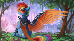 Size: 2500x1406 | Tagged: safe, artist:yakovlev-vad, rainbow dash, cyborg, pegasus, pony, artificial wings, augmented, city, crossover, cute, detailed, deus ex, earbuds, female, future, looking at you, looking back, mare, mechanical wing, metal, prosthetics, scenery, signature, sitting, smiling, solo, tree, visor, wings