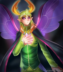 Size: 900x1029 | Tagged: safe, artist:racoonsan, thorax, changedling, changeling, human, to where and back again, changeling king, clothes, horned humanization, humanized, king thorax, solo, winged humanization