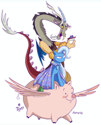 Size: 715x890 | Tagged: safe, artist:jowyb, discord, trixie, draconequus, pig, pony, unicorn, to where and back again, annoyed, female, flying, flying pig, male, mare, open mouth, ponies riding pigs, shipping, signature, simple background, smiling, spread wings, straight, toy boat, trixcord, trixie's cape, white background