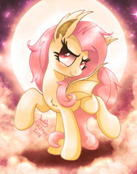 Size: 1100x1400 | Tagged: safe, artist:joakaha, fluttershy, bat pony, pony, fangs, flutterbat, full moon, moon, race swap, solo