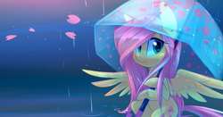 Size: 900x471 | Tagged: safe, artist:meekcheep, fluttershy, pegasus, pony, cute, female, hoof hold, mare, rain, shyabetes, solo, spread wings, sweet dreams fuel, umbrella, water
