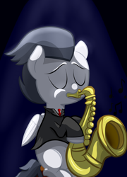 Size: 1280x1781 | Tagged: safe, artist:cosmonaut, derpibooru import, rumble, clothes, eyes closed, lets ask rumble, music, musical instrument, necktie, saxophone, shirt, sitting, solo, suit