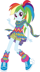 Size: 7915x14388 | Tagged: safe, artist:sugar-loop, rainbow dash, equestria girls, legend of everfree, absurd resolution, box art, camp fashion show outfit, clothes, cute, geometric, looking at you, scarf, shoes, simple background, smiling, sneakers, socks, solo, transparent background, vector