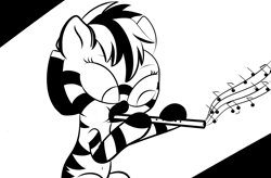 Size: 1920x1260 | Tagged: safe, artist:cosmonaut, derpibooru import, oc, oc only, oc:samoa, zebra, belly button, female, filly, flute, monochrome, music, musical instrument, solo, zebra oc