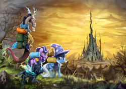 Size: 1920x1360 | Tagged: safe, artist:assasinmonkey, discord, starlight glimmer, thorax, trixie, changeling, draconequus, pony, unicorn, to where and back again, changeling hive, changeling kingdom, epic, reformed four, scenery, spire