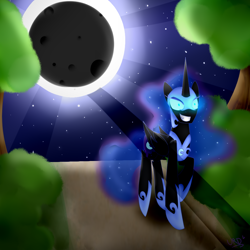 Size: 1000x1000 | Tagged: dead source, safe, artist:ultrard, nightmare moon, eclipse, evil grin, glowing eyes, helmet, lunar eclipse, solo