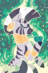 Size: 587x900 | Tagged: safe, artist:justasuta, zecora, zebra, abstract background, bowl, bracelet, ear piercing, earring, eyes closed, female, hooves, jewelry, lineless, mare, neck rings, piercing, profile, quadrupedal, smiling, solo