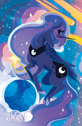 Size: 900x1380 | Tagged: safe, artist:justasuta, princess luna, alicorn, pony, abstract background, comet, crown, eyes closed, female, hoof shoes, hooves, horn, jewelry, lineless, mare, moon, night, profile, regalia, shooting star, sky, solo, starry night, stars, tiara, wings