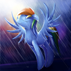 Size: 1500x1500 | Tagged: safe, artist:camyllea, rainbow dash, pegasus, pony, eyes closed, floppy ears, rain, solo, spread wings, wet, wet mane