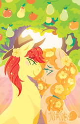 Size: 587x900 | Tagged: safe, artist:justasuta, bright mac, pear butter, earth pony, pony, apple, apple tree, blushing, brightbutter, cowboy hat, female, flower, flower in hair, food, hat, lineless, looking at each other, male, mare, pear, pear tree, shipping, smiling, stallion, straight, tree