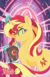 Size: 587x900 | Tagged: safe, artist:justasuta, sunset shimmer, pony, unicorn, book, female, glowing horn, horn, levitation, lineless, magic, magic aura, mare, solo, telekinesis