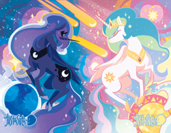 Size: 1160x900 | Tagged: safe, artist:justasuta, princess celestia, princess luna, alicorn, pony, abstract background, comet, crown, eyes closed, female, hoof shoes, hooves, horn, jewelry, lineless, mare, moon, night, profile, regalia, royal sisters, shooting star, sisters, sky, space, starry night, stars, sun, tiara, wings