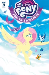 Size: 1054x1600 | Tagged: safe, artist:justasuta, artist:justyna babinska, idw, fluttershy, bird, blue jay, butterfly, pegasus, pony, spoiler:comic, spoiler:comicponyvillemysteries3, cloud, comic cover, cover, female, flying, hooves, lineless, mare, ponyville mysteries, sky, smiling, spread wings, wings