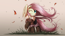 Size: 2000x1125 | Tagged: safe, artist:ncmares, fluttershy, pegasus, pony, boots, clothes, cute, female, hoof boots, jacket, mare, one eye closed, pants, raised hoof, shyabetes, signature, smiling, solo, wind, windswept mane