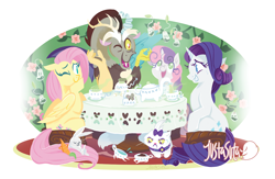 Size: 1280x835 | Tagged: safe, artist:justasuta, angel bunny, discord, fluttershy, opalescence, rarity, sweetie belle, cat, draconequus, pegasus, pony, rabbit, unicorn, animal, female, filly, foal, folded wings, food, ginseng teabags, grin, hooves, horn, laughing, lineless, male, mare, one eye closed, smiling, table, tea, tea party, wings