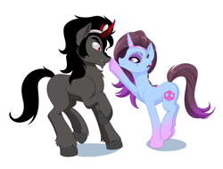 Size: 1280x975 | Tagged: safe, artist:dstears, king sombra, pony, unicorn, boop, crossover, duo, female, lidded eyes, looking at each other, male, mare, namesake, nose wrinkle, overwatch, ponified, raised hoof, raised leg, simple background, smiling, sombra (overwatch), stallion, underhoof, unexpected, white background, wide eyes